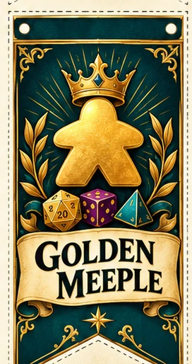 Golden Meeple pennant in teal and gold, topped by a golden gaming meeple.