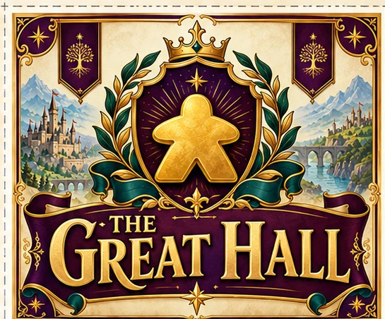 Fantasy-style SisterCon Great Hall sign in ornate plum and gold.